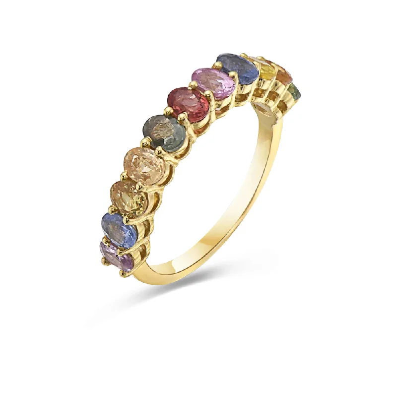 Dainty Floral Jewelry For Feminine Elegance Halfway Oval Cut Multicolored Sapphire Band (1.47 ct.) in 14K Gold