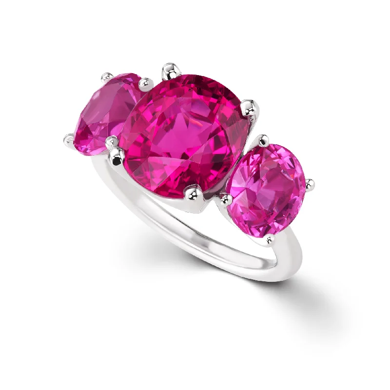 One of a Kind Three Stone Rubellite Tourmaline & Pink Tourmaline Statement Ring