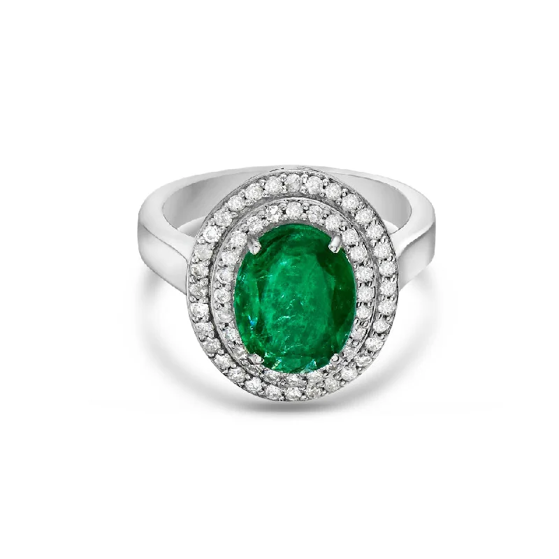 Get The Jewelry You Love At A Price You Love Oval Cut Emerald & Double Diamond Halo Engagement Ring (3.60 ct.) in 18K Gold