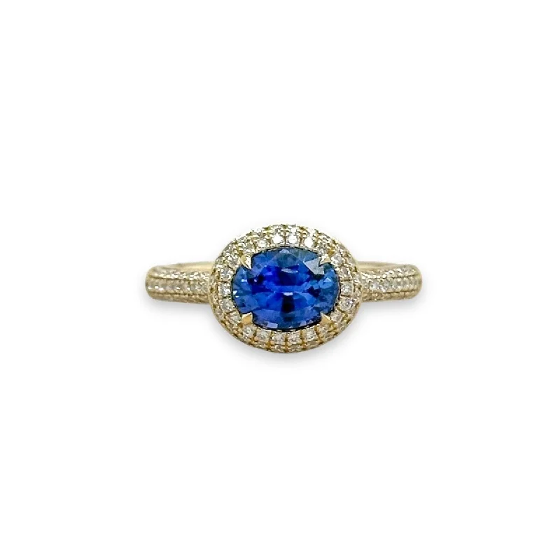 Trendy Minimalist Jewelry For Everyday Wear 14K Y Gold 1.21ctw Sapphire and 0.39ctw Halo Diamond Ring
