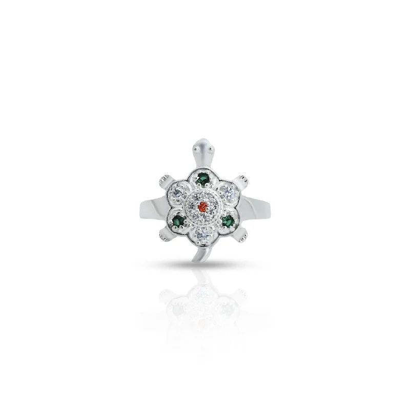 Premium Diamond Jewelry For Unforgettable Moments Silver Center Gemstone with Flower and Tortoise Design Ring for Girls Premium Diamond Jewelry For Unforgettable Moments Silver Center Gemstone with Flower and Tortoise Design Ring for Girls