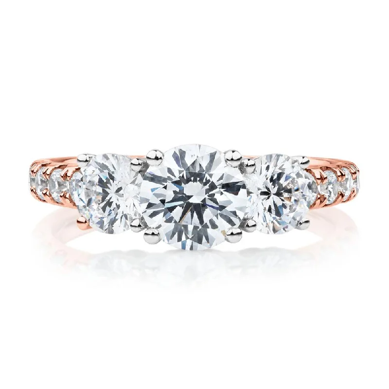 Exclusive Gemstone Jewelry Markdowns – Shop Now Three stone ring with 2.19 carats* of diamond simulants in 10 carat rose and white gold