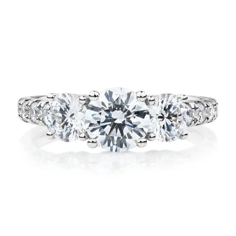 Stunning Statement Jewelry, Unbeatable Discounts Three stone ring with 2.19 carats* of diamond simulants in 10 carat white gold