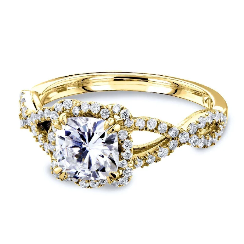 Cushion Moissanite and Diamond Fancy Halo Cross Shank Ring, 1-2/5 CTW 14k Gold