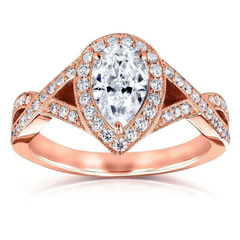 Pear Moissanite and Diamond Halo Crossover Engagement Ring  1 1/3 CTW 14k Rose Gold (DEF/VS, GH/I)