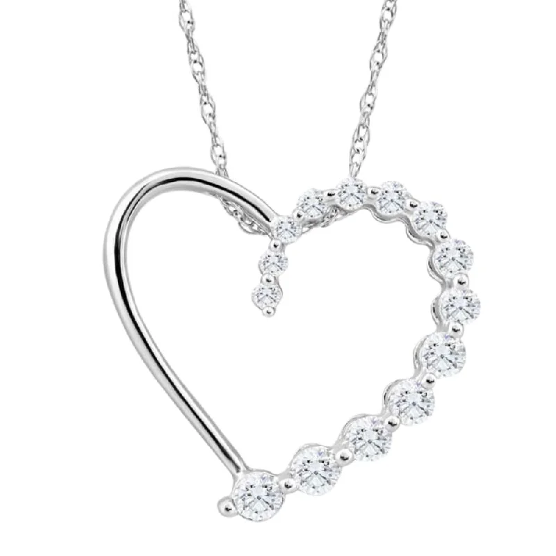 10K White Gold 1/3Ct TW Graduated Diamond Heart Pendant Necklace