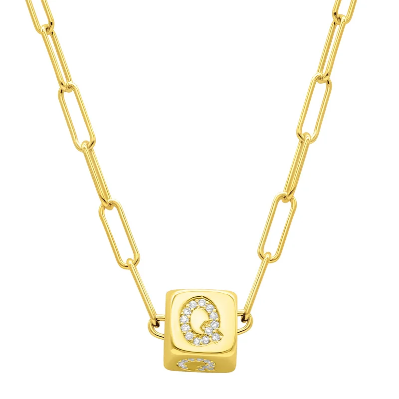 14K Gold Plated Initial Cube Paperclip Necklace