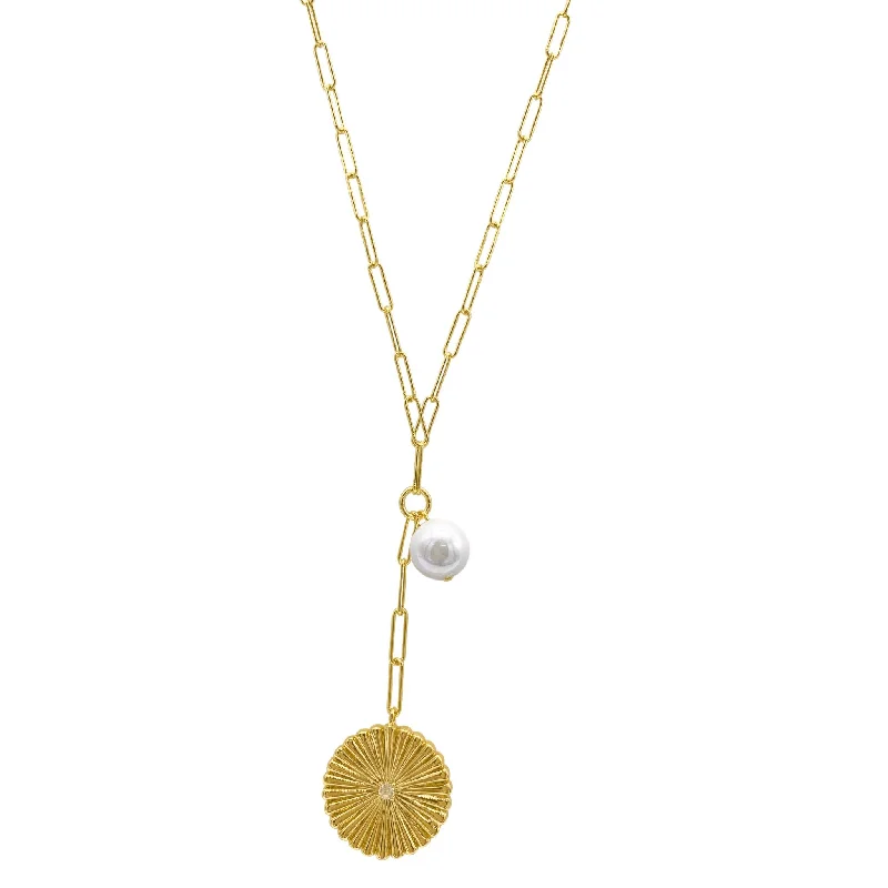 Adornia Sunburst Pendant Y- Necklace with Pearl Drop