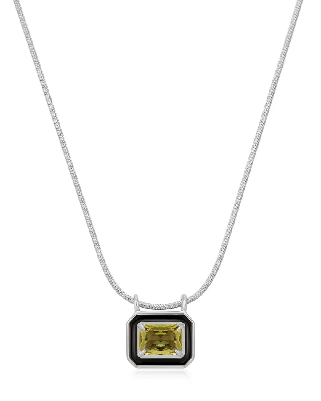 Bezel Pendant Necklace- Black- Silver