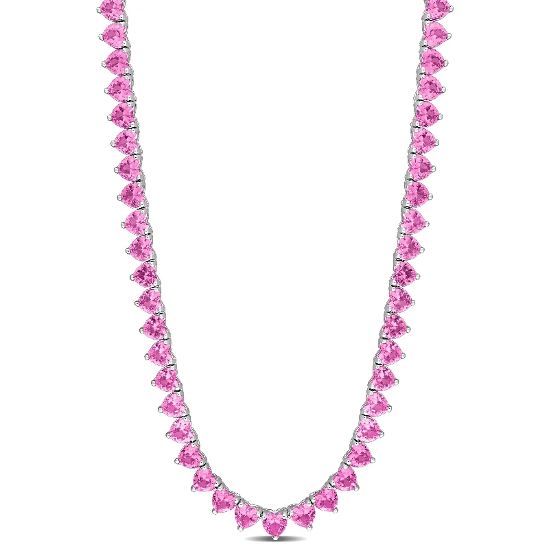 Dainty Floral Jewelry For Feminine Elegance Mimi & Max 31-1/5ct TGW Heart-Cut Created Pink Sapphire Tennis Necklace in Sterling Silver - 18 in.