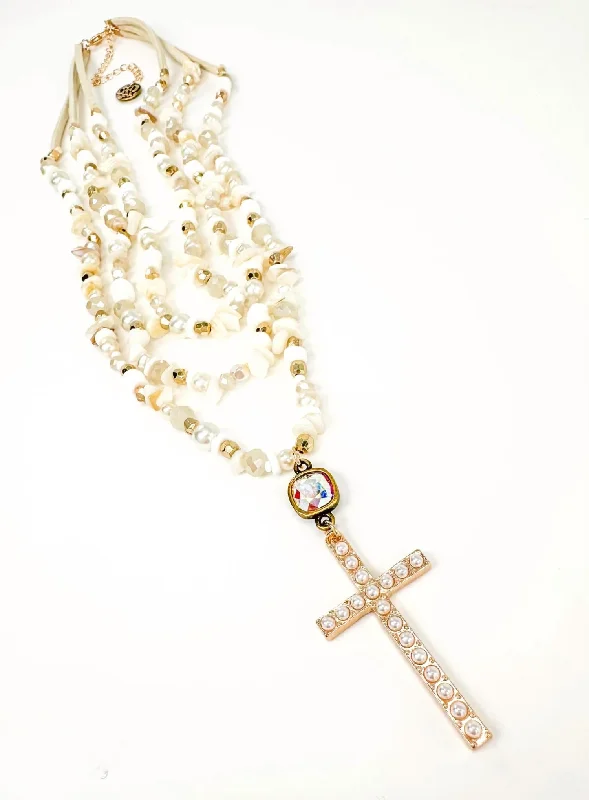 Huge Markdowns On Premium Jewelry Styles Multi Strand Necklace With Pearl Cross In White Multi