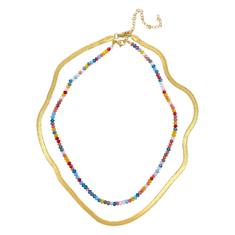 Rainbow Beaded Necklace and Herringbone Necklace Set gold