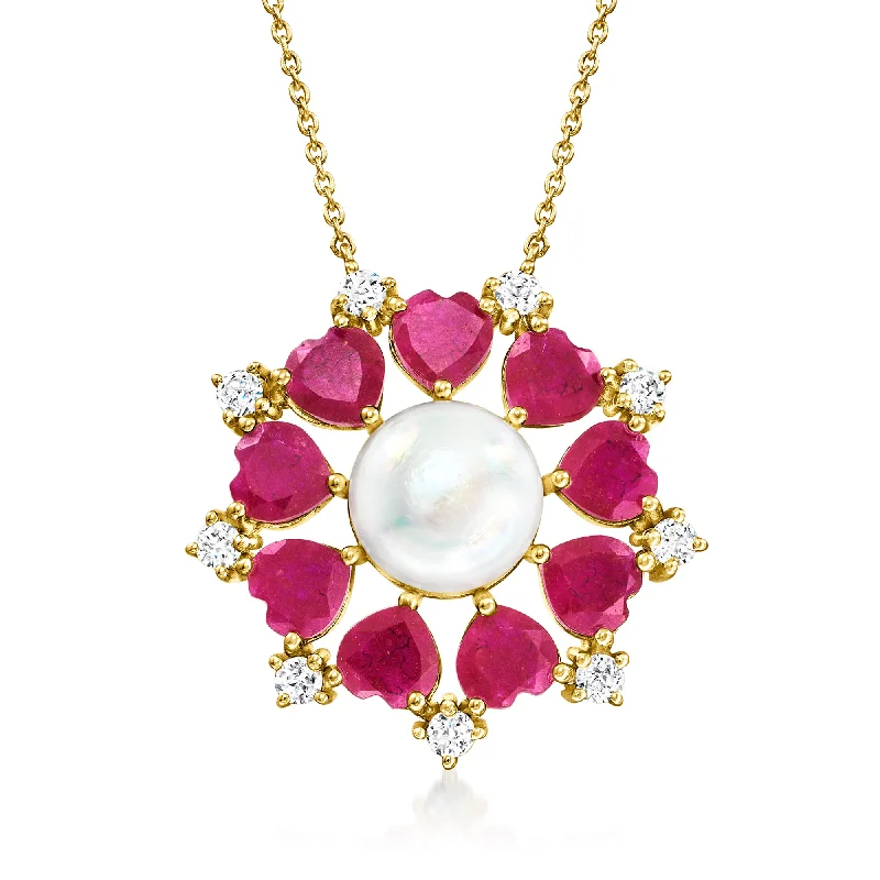 Ross-Simons 10.5-11mm Cultured Pearl and Ruby Necklace With . White Topaz in 18kt Gold Over Sterling