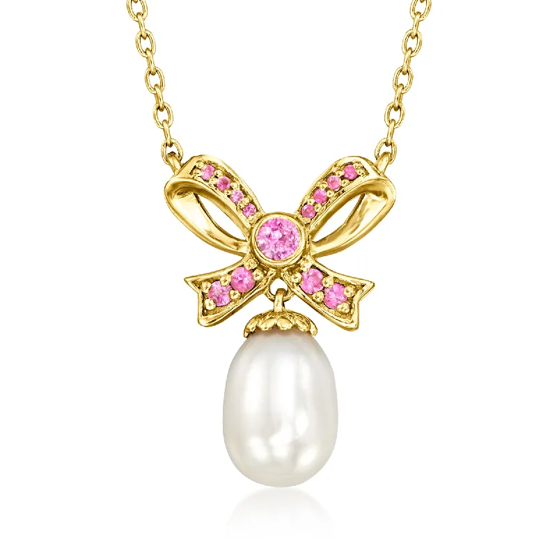 Buy More, Save More – Special Jewelry Discounts Ross-Simons 11x8.5mm Cultured Pearl and . Pink Sapphire Bow Necklace in 18kt Gold Over Sterling