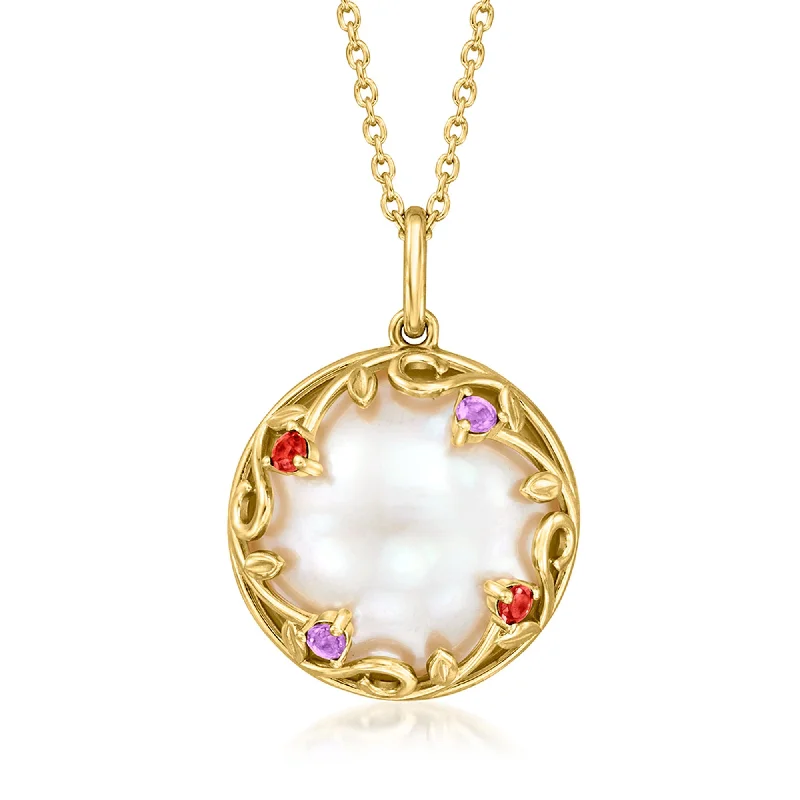 Ross-Simons 16-16.5mm Cultured Mabe Pearl Pendant Necklace With Amethyst and Garnet Accents in 18kt Gold Over Sterling