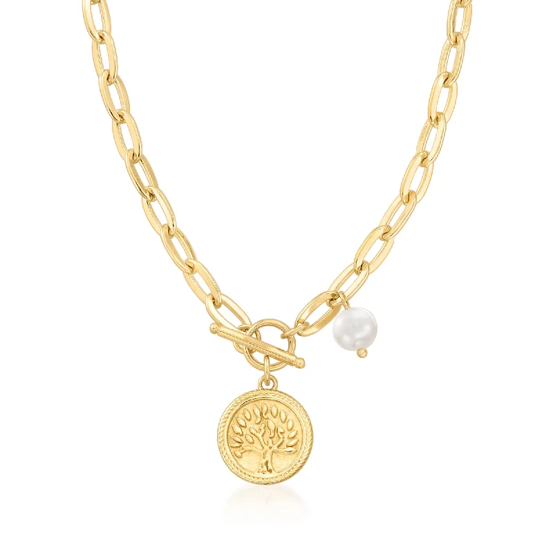 Modern Statement Jewelry For Bold Styling Ross-Simons 18kt Gold Over Sterling Tree Of Life Coin Necklace With 7mm Cultured Pearl