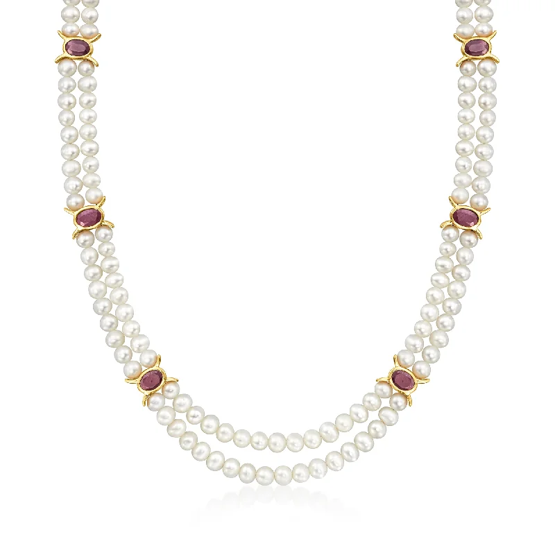 Ross-Simons 4.5-5.5mm Cultured Pearl and Ruby Station Necklace in 18kt Gold Over Sterling