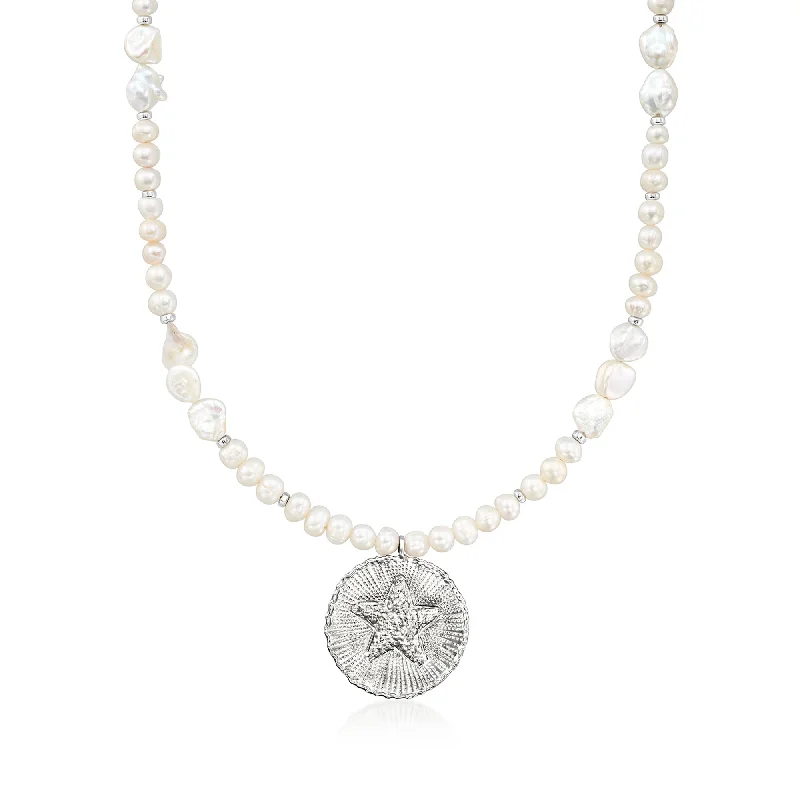 Ross-Simons 4-8mm Keshi Pearl and 5.5-6.5mm Cultured Pearl Sand Dollar Necklace With Hematite Beads in Sterling Silver