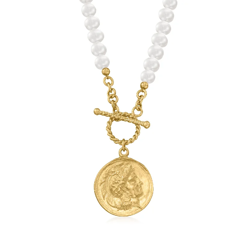 Elegant Jewelry, Exclusive Prices – Shop Now Ross-Simons 5.5-6mm Cultured Pearl and Replica Roman Coin Charm Necklace in 18kt Gold Over Sterling