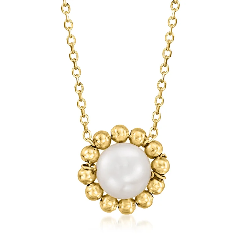 Ross-Simons 5-6mm Cultured Pearl Bead Halo Necklace in 14kt Yellow Gold