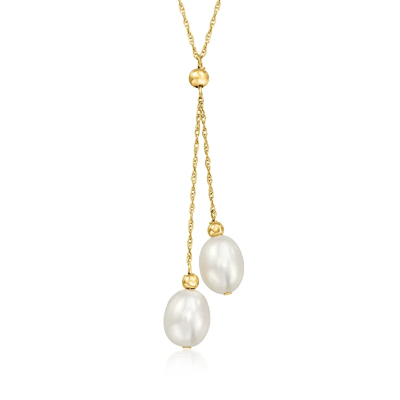 Exclusive Jewelry Sale – Shine For Less Ross-Simons 6-7mm Cultured Pearl Double-Drop Necklace in 14kt Yellow Gold