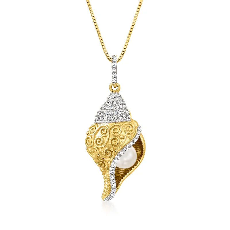 Premium Diamond Jewelry For Unforgettable Moments Ross-Simons 6mm Cultured Pearl and . White Topaz Seashell Pendant Necklace in 18kt Gold Over Sterling