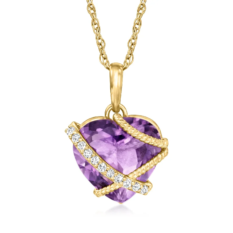 Ross-Simons Amethyst Heart Pendant Necklace With Diamond Accents in 14kt Yellow Gold