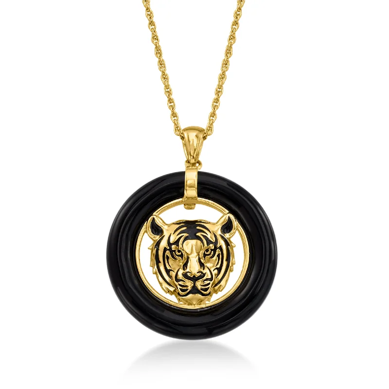 Unlock Unbeatable Jewelry Deals Before They’Re Gone Ross-Simons Black Agate Tiger Pendant Necklace With Black Enamel in 18kt Gold Over Sterling