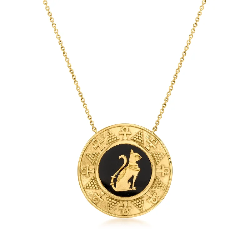 Fashion-Forward Jewelry At Incredible Prices Ross-Simons Black Onyx Cat Medallion Pendant Necklace in 18kt Gold Over Sterling
