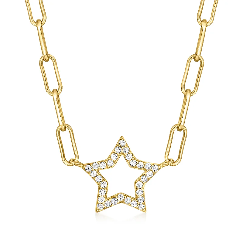 Ross-Simons CZ Star Paper Clip Link Necklace in 18kt Gold Over Sterling