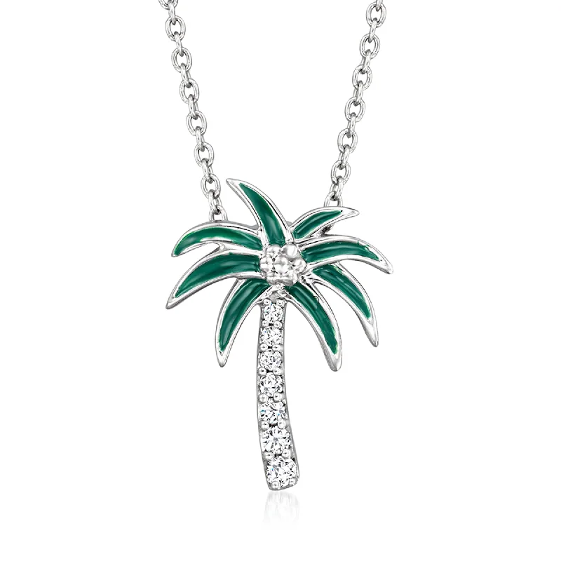 Ross-Simons Diamond and Green Enamel Palm Tree Pendant Necklace in Sterling Silver