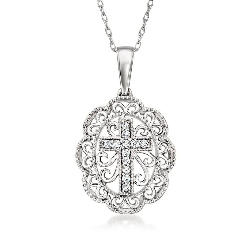 Ross-Simons Diamond Cross Filigree Pendant Necklace in Sterling Silver