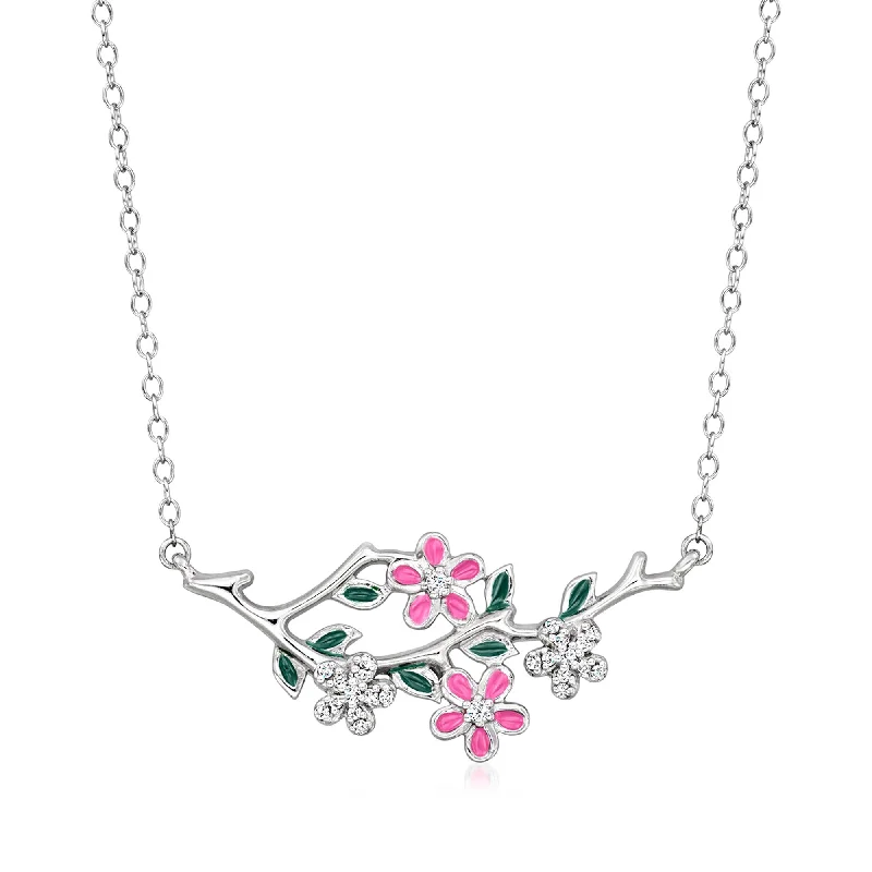 Ross-Simons Diamond Floral Branch Necklace With Pink and Green Enamel in Sterling Silver