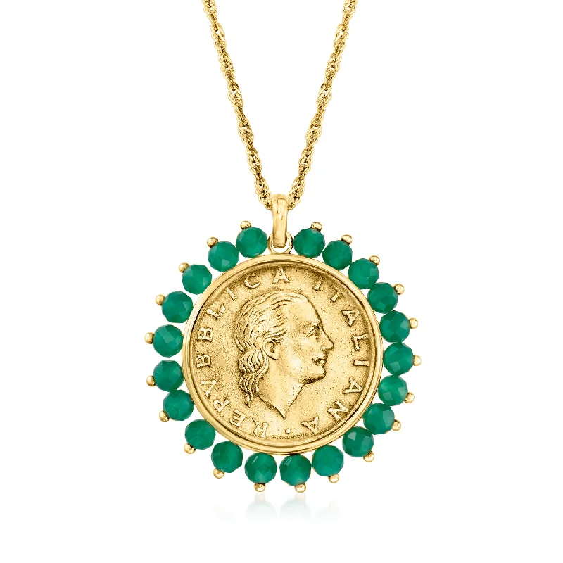 Get The Sparkle You Love At Prices You Adore Ross-Simons Genuine 200-Lira Coin and Green Agate Medallion Pendant Necklace in 18kt Gold Over Sterling