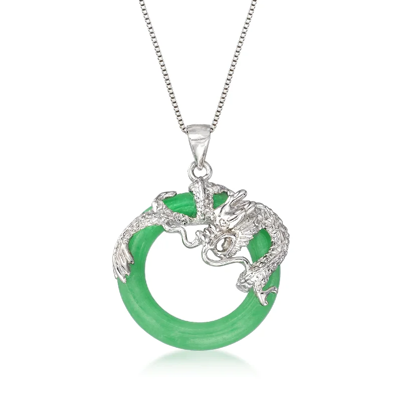 Ross-Simons Green Jade Dragon Open-Space Pendant Necklace in Sterling Silver