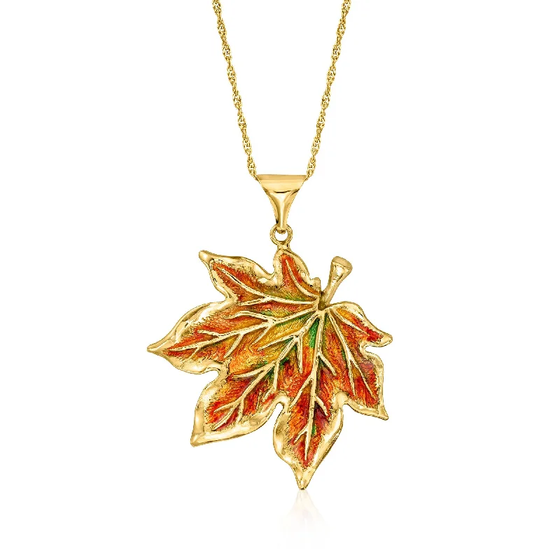 Ross-Simons Italian Multicolored Enamel Maple Leaf Pendant Necklace in 18kt Gold Over Sterling