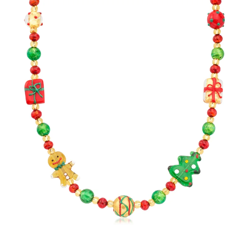 Ross-Simons Italian Multicolored Murano Glass Holiday Bead Necklace in 18kt Gold Over Sterling