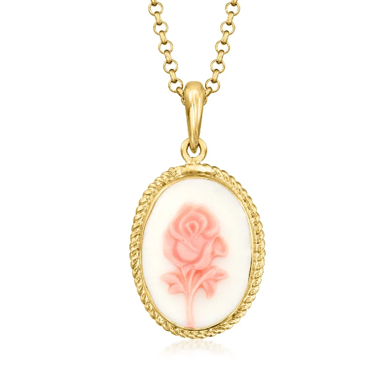 Ross-Simons Italian Porcelain Rose Cameo Pendant Necklace in 18kt Gold Over Sterling