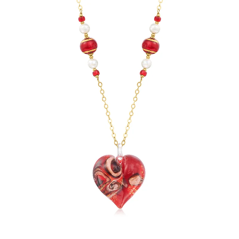 Affordable Gold-Plated Jewelry For Modern Fashion Ross-Simons Italian Red Murano Glass Heart Necklace With 6-7mm Cultured Pearls in 18kt Gold Over Sterling