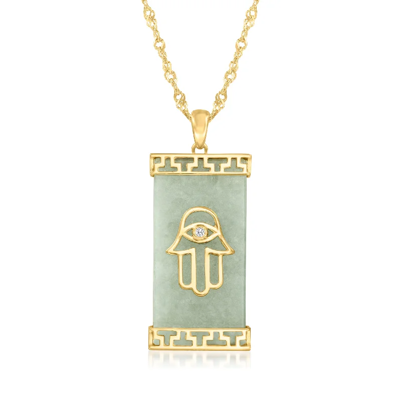 Buy More, Save More On Stunning Jewelry Pieces Ross-Simons Jade Hamsa Hand Pendant Necklace With Diamond Accent in 18kt Gold Over Sterling