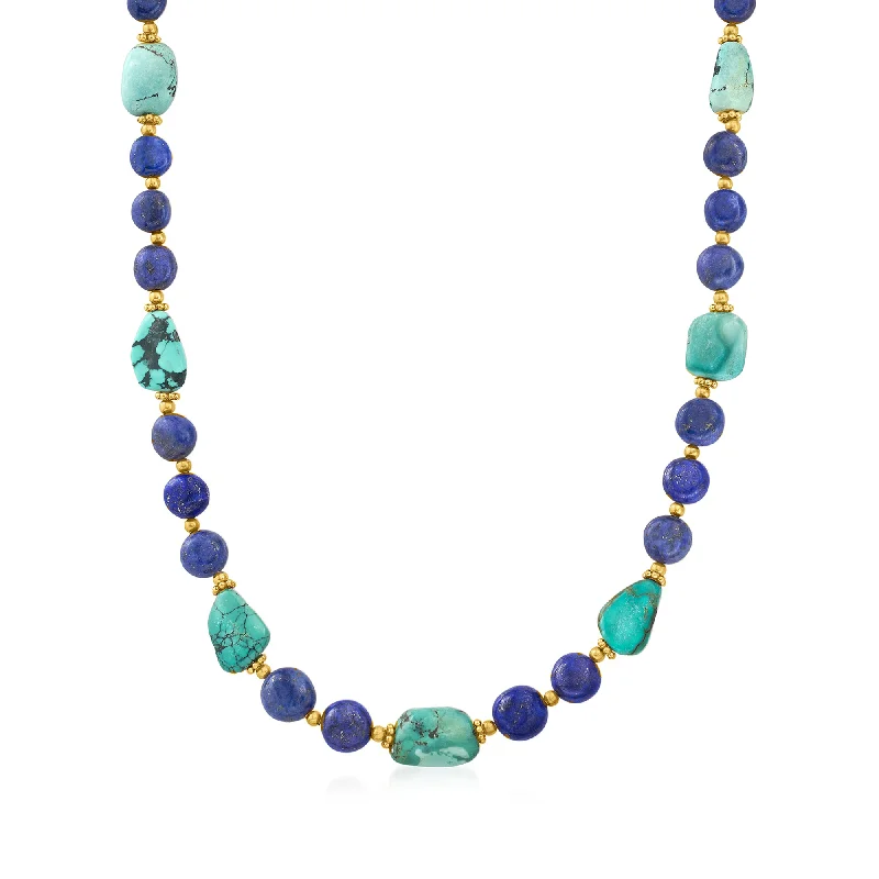 High-Quality Gemstone Jewelry For Special Occasions Ross-Simons Lapis and Turquoise Bead Necklace With 18kt Gold Over Sterling