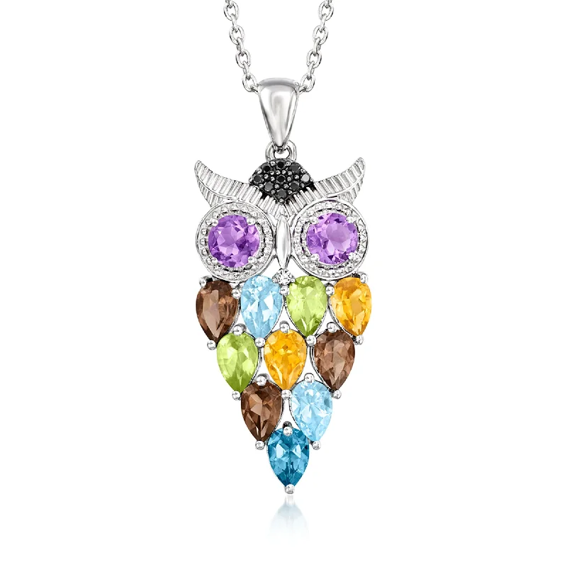 Ross-Simons Multi-Gemstone Owl Pendant Necklace in Sterling Silver