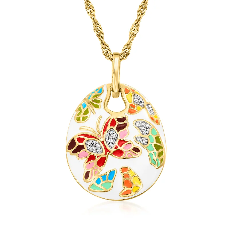 Personalized Jewelry At Special Discount Rates Ross-Simons Multicolored Enamel Butterfly Pendant Necklace With White Topaz Accents in 18kt Gold Over Sterling