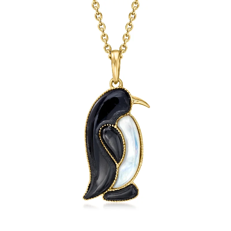 Ross-Simons Onyx and Mother-Of-Pearl Penguin Pendant Necklace in 18kt Gold Over Sterling