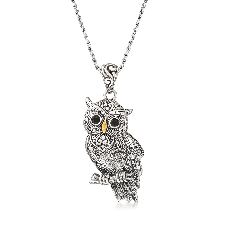 Ross-Simons Sterling Silver Owl Pendant Necklace With Black Onyx and 18kt Gold Over Sterling