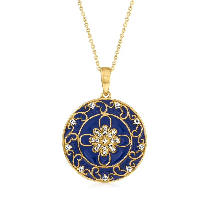 Unmissable Jewelry Sale – Shop Before It's Too Late Ross-Simons White Zircon and Blue Enamel Floral Medallion Pendant Necklace in 18kt Gold Over Sterling
