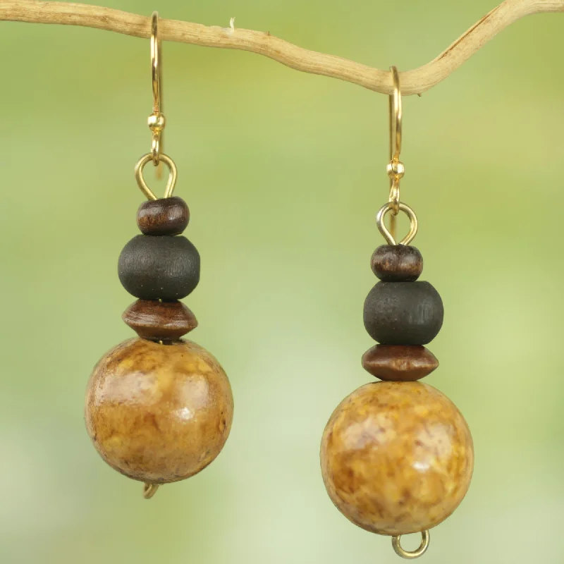 Discounted Jewelry For A Glamorous Look African Fence Sese Wood Bead Dangle Earrings on Brass Hooks from Ghana Discounted Jewelry For A Glamorous Look African Fence Sese Wood Bead Dangle Earrings on Brass Hooks from Ghana