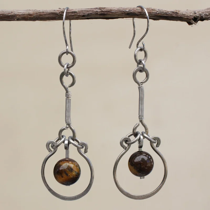 Exclusive Gemstone Jewelry Markdowns – Shop Now Balanced Nature Tiger's Eye and Stainless Steel Dangle Earrings from Brazil