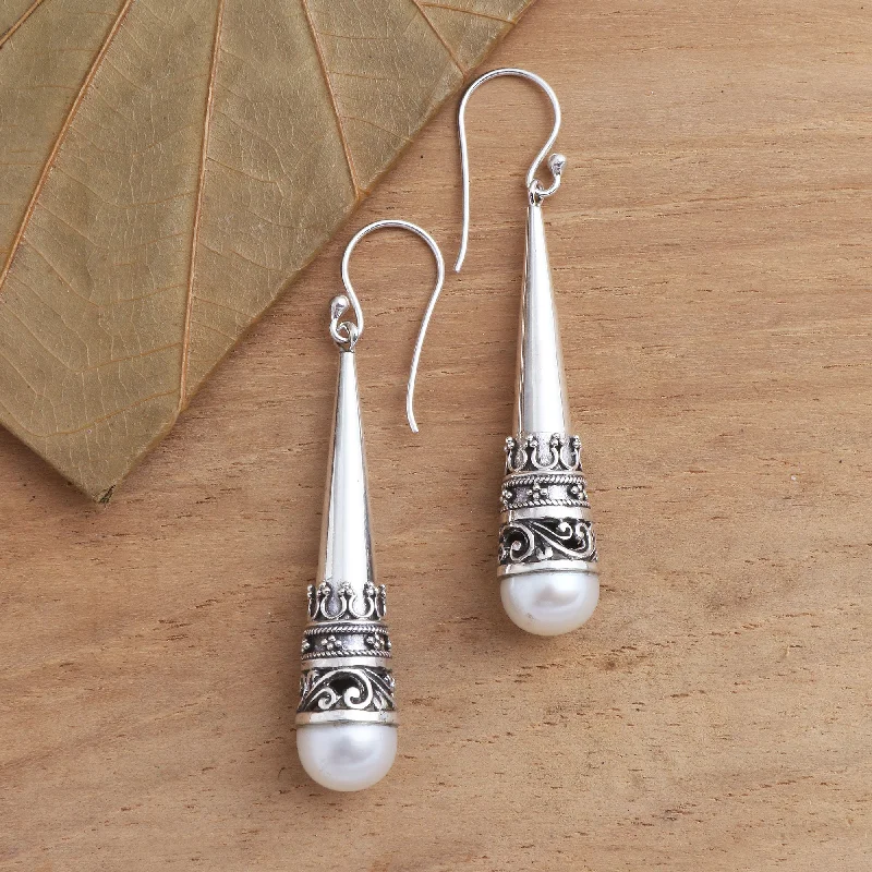 Stunning Jewelry At Even More Stunning Prices Bali Cornet Sterling Silver Cone Dangle Earrings with Cultured Pearl