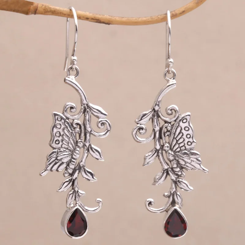 Unique Jewelry Designs Now At Discounted Rates Beloved Butterfly Garnet and Sterling Silver Butterfly Dangle Earrings